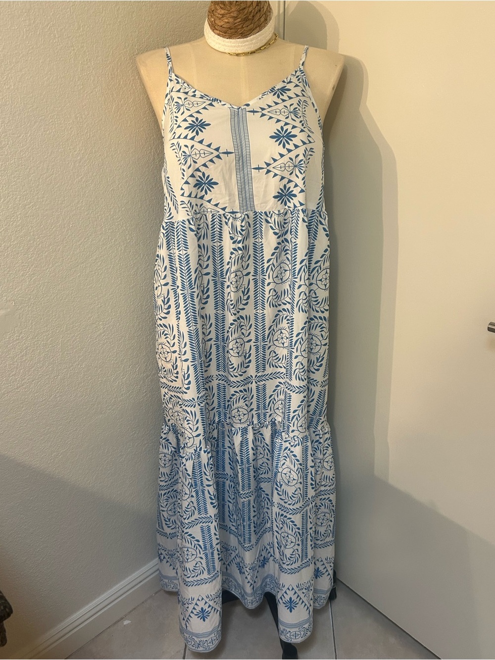 Blue & White Printed Maxi Dress with Spaghetti Straps